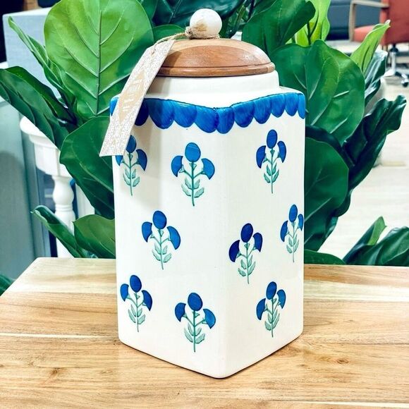 NWT Tik Tok Viral Made in India Artisan Blue Ceramic Canister w Wood Spoon & Lid - Picture 5 of 16